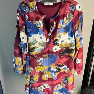 Newbury Kustom Burgundy Floral Midi Dress with Blue and Mustard Accents